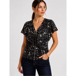 Tory Burch Rebecca Paint Splatter Front Zipper Closure Silk Ruffle Blouse